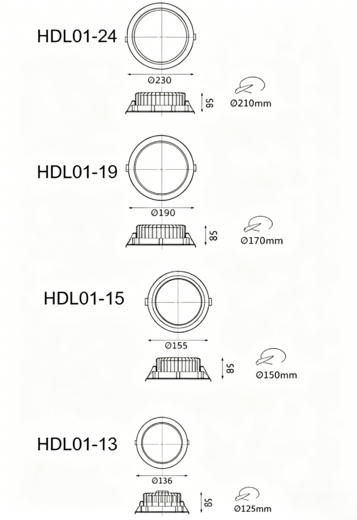 hdl01 down light sizes drawing